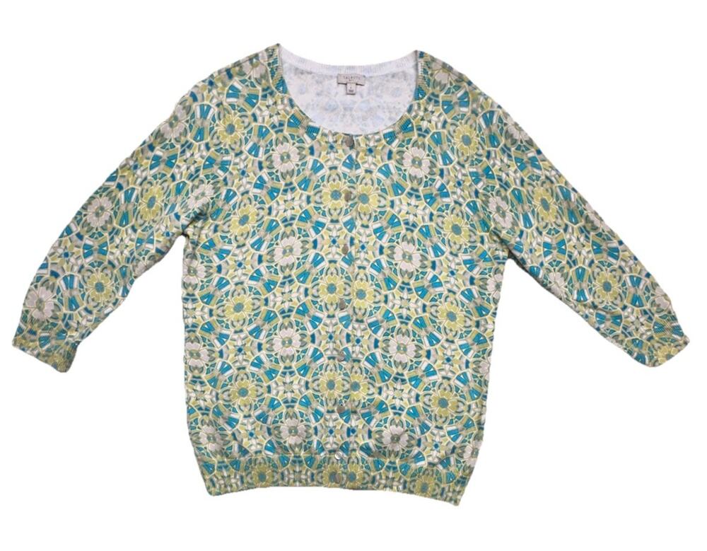 TALBOTS Cardigan Sweater Size Large Green Blue Cotton Button Front Geometric